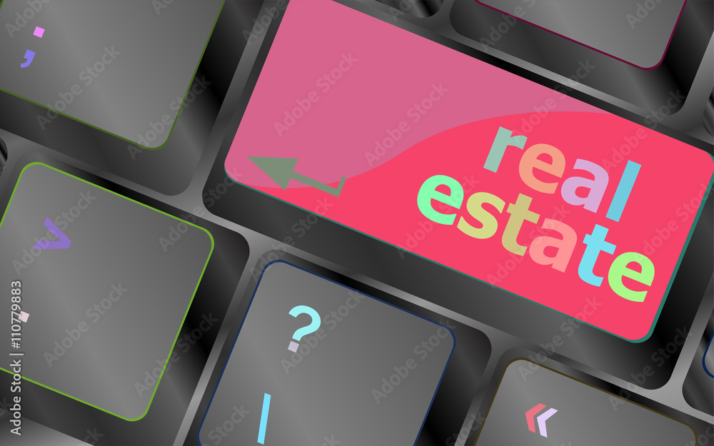 Poster real estate concept. hot key on computer keyboard with real estate words vector keyboard key. keyboa