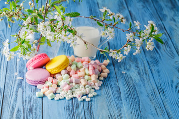Cup of milk and spring cherry blossom on a wooden background