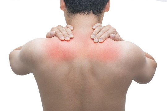 Man back neck shoulder pain isolated white background