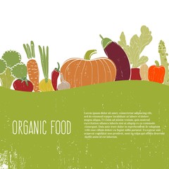 Organic food template. Healthy eating vector concept with vegetables. Can be used in menu, cooking books, organic farm labels.