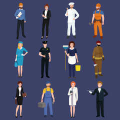 set workers team, profession people uniform, cartoon vector illustration