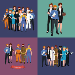 set workers team, profession people uniform, cartoon vector illustration
