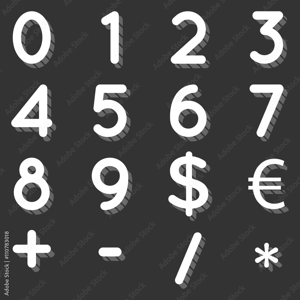 Aufkleber custom retro numbers, symbols and currency with dashed shadow. collection of retro vector font in wh