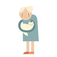Happy grandmother with white cat. Vector.
