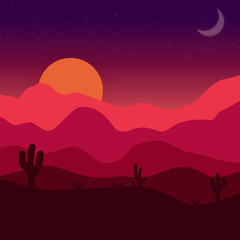 Fototapeta na wymiar Desert sunset. Vector mexican landscape illustration with cactuses, dunes, rocks, sun and moon in red, orange and purple colors.