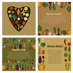 Banner or flyer templates vector set. Organic fruits and vegetables. Illustration of healthy food made in flat style. Place for your text.