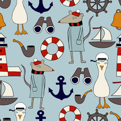 Cartoon Nautical Pattern. Hand drawn cartoon animals - Rat and Seagull with nautical elements on blue background. Beautiful childish background.
