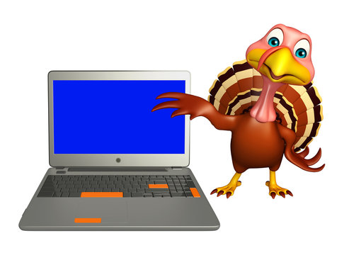 fun Turkey cartoon character with laptop