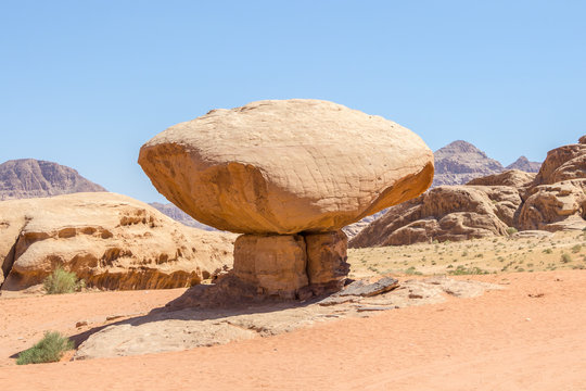 Mushroom rock in Wadi Rum desert - Valley of the Moon in Jordan.