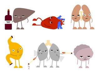 Set of diseased human organs. Isolated on white background. Smoking lungs, lazy heart, crowded stomach, drunk liver and kidney, sad and lazy brain. Handdrawn cartoon illustration. Made in vector.