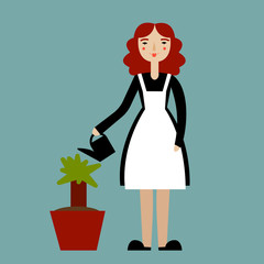 Woman gardening. Happy young woman watering flowers. Woman gardener. Housewife. Vector illustration.