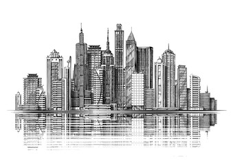 Big city architecture. Skyscrapers. Vintage sketch vector illustration