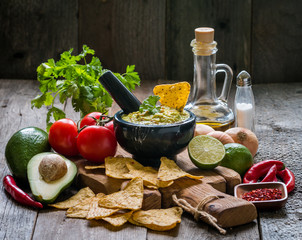 Bowl of delicious homemade Guacamole with nachos