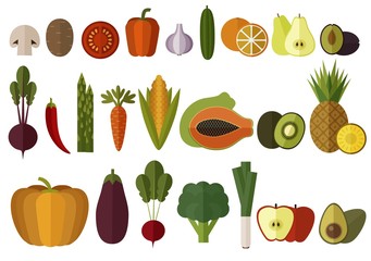 Big fruits and vegetables collection. Flat icons.