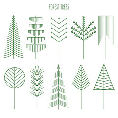 Forest trees set. Line illustration of trees. Hipster and simple modern style. Vector Illustration for print, logos, badges, emblems, labels. Forest camping. Spruce, pine, deciduous trees.