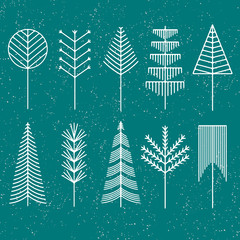 Winter Forest trees set. Line illustration of trees. Hipster and simple modern style. Vector Illustration for print, logos, badges, emblems, labels. Forest camping. Spruce, pine, deciduous trees.