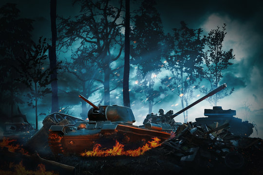 Tanks attack in a dark forest