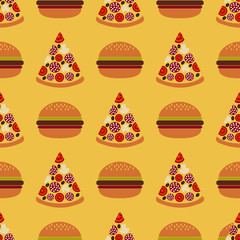 Seamless pattern with fast food - pizza and burger.