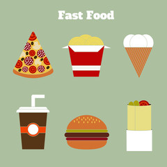 Vector icon set - fast-food. Ice cream, noodle, pizza, burger, cola, snack.