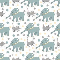 Childish seamless vector pattern. Cute elephant and mouse on white background.