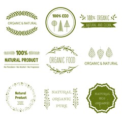 Logotypes set. Logo, Badges, labels, ribbons, plants elements,wreaths and laurels green branches. Organic, bio, ecology, eco natural design template. Hand drawn elements.