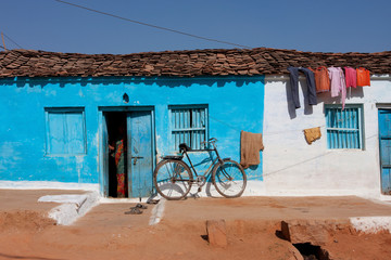 Traditional indian house of blue color in India.