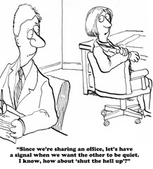 Business cartoon about open office floor plans.