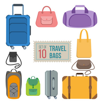 Set of travel bags - bags, backpacks and cases. Vector.
