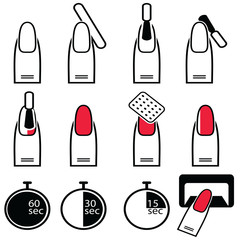 Gel and hybrid  nails preparation process, lacquer up, and protection process under uv and led lamp icon set in black and white and red