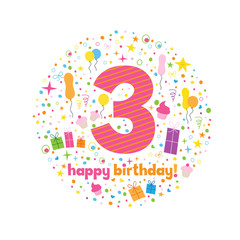 "HAPPY 3rd BIRTHDAY" Card in How Chunky font with motifs