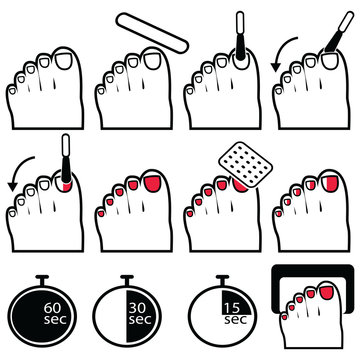 Pedicure gel and hybrid  nails preparation process, lacquer up, and protection process under uv and led lamp icon set in black and white and red