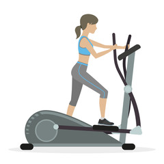 Fitness girl with elliptical cross trainer, cardio machine. Vector. - obrazy, fototapety, plakaty
