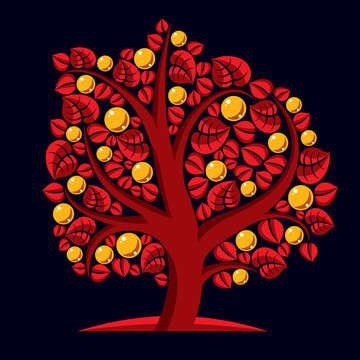 Tree with ripe apples, harvest season theme illustration. Fruits