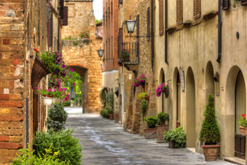 Fototapeta na wymiar View of the ancient old european street in Pienza. Italy.
