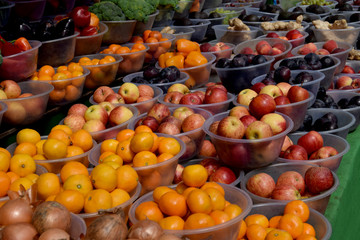 Fresh vegetables and fruits in the city market 