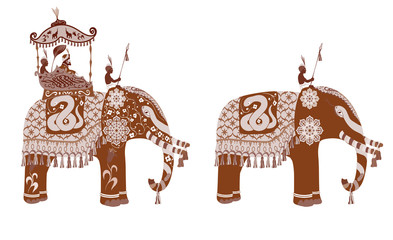 Vector decorated Indian Elephant silhouette.King and servants. Sepia and vintage design.