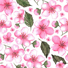 Watercolor pink cherry sakura seamless pattern texture background