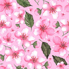 Watercolor pink cherry sakura seamless pattern texture background