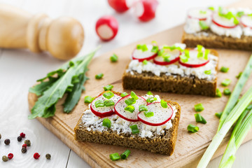 Cream cheese ray sandwiches with radish. Summer vegetarian snacks.