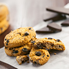 Cookies with chocolate on a table. Homemade sweet biscuits.