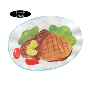 Watercolor medium roast ribeye steak on plate with herbs