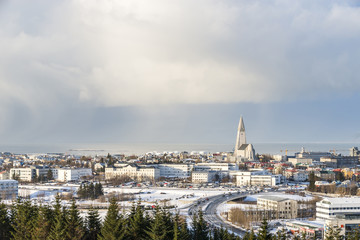 Panorama of Reykjavík seen from Perlan in winter. The Hallgrimskirkja church, Iceland.