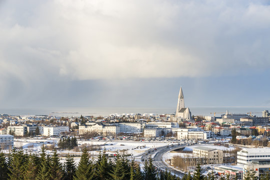 Panorama of Reykjav&iacute;k seen from Perlan in winter. The Hallgrimskirkja church, Iceland.
