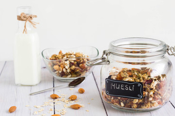 Muesli in a jar with milk
