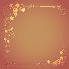 Decorative square frame with bunch of grapes, grape leaves,  swirls on background. RGB color mode. Transparency effects. Vector image.