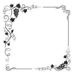 Decorative black square frame with bunch of grapes, grape leaves,  swirls.