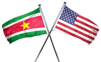 Suriname flag with american flag, isolated on white background