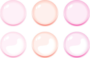 Illustration of icon bottons isolated on white. Set of white, light pink, orange, purple color labels, 6 bottons. Multi-colored glass balls. Vector - obrazy, fototapety, plakaty