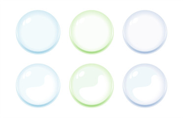 Illustration of icon bottons isolated on white. Set of  white, light green, blue, violet color labels, 6 bottons. Multi-colored glass balls. Vector