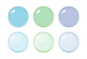 Illustration of icon bottons isolated on white. Set of light green, blue, violet color labels, 6 bottons. Multi-colored glass balls. Vector